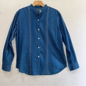 Lauren Jeans Co Blue Striped Pin Tuck Button Front Lace Inset Indigo Top Sz 8